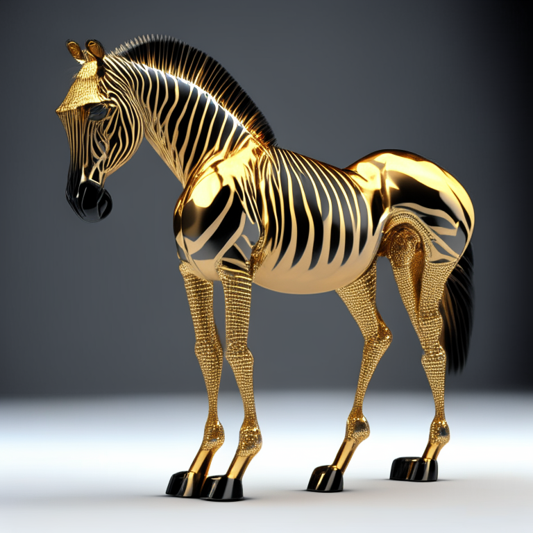 3D render of a golden metallic zebra hard detail, 4 legs