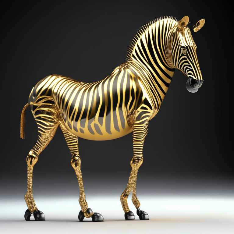 3D render of a golden metallic zebra hard detail, 4 legs