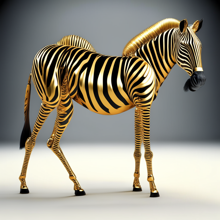 3D render of a golden metallic zebra hard detail, 4 legs