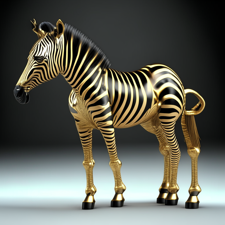 3D render of a golden metallic zebra hard detail, 4 legs