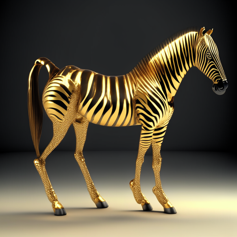 3D render of a golden metallic zebra hard detail, 4 legs