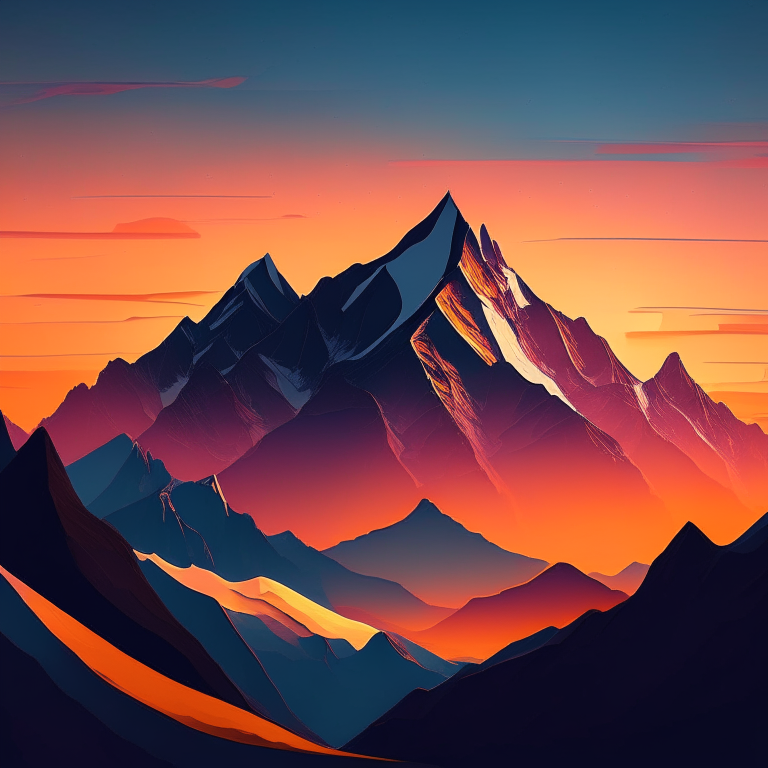 Stylized painting of a mountain range at sunrise