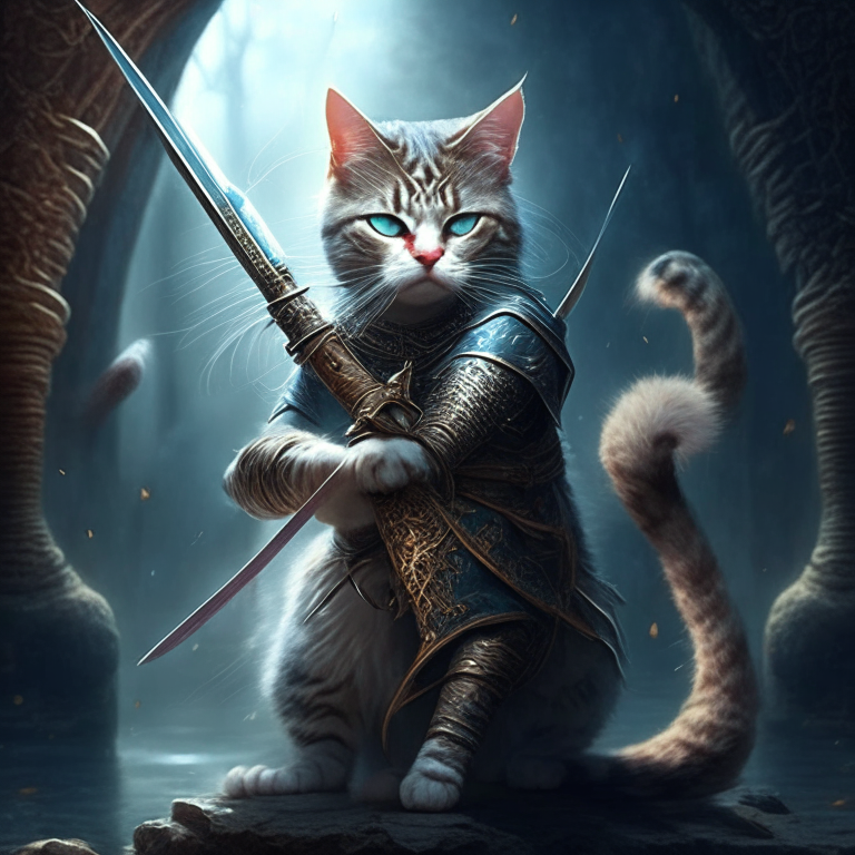 A cat warrior with a sword in a mystical world A cat warrior with a bow and arrow in a mystical world A cat warrior with a staff in a mystical world