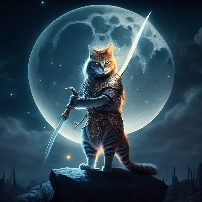 A cat warrior with a sword in a mystical world with a full moon in the background