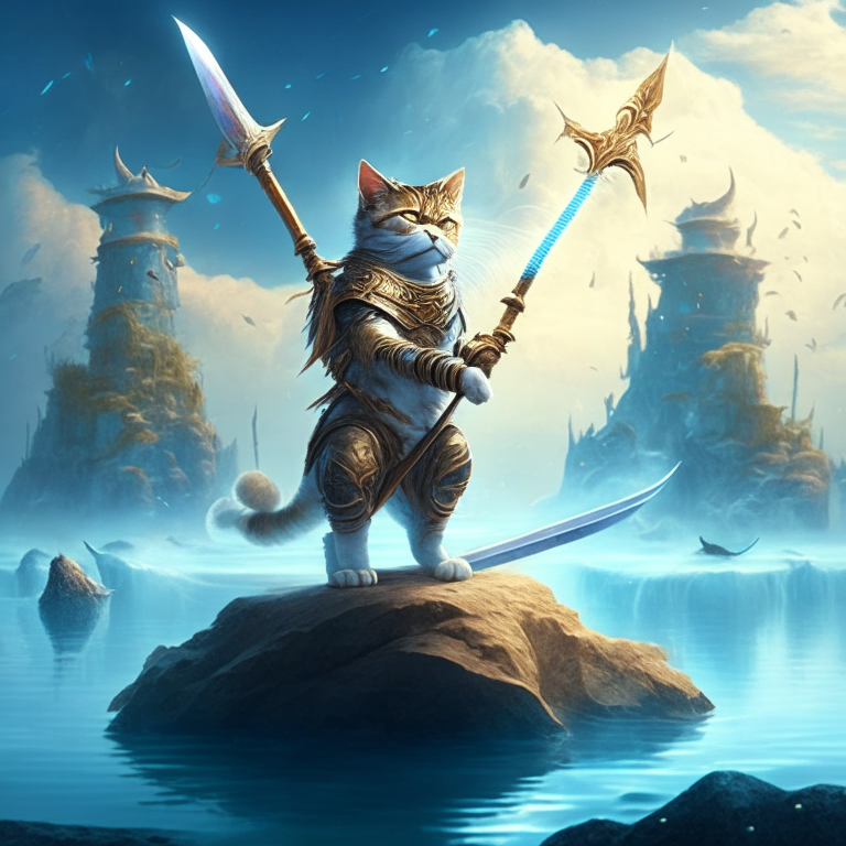 A cat warrior with a staff in a mystical world with a floating island in the background