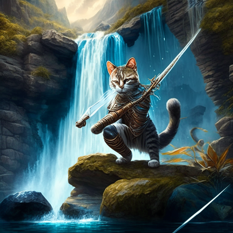 A cat warrior with a bow and arrow in a mystical world with a waterfall in the background