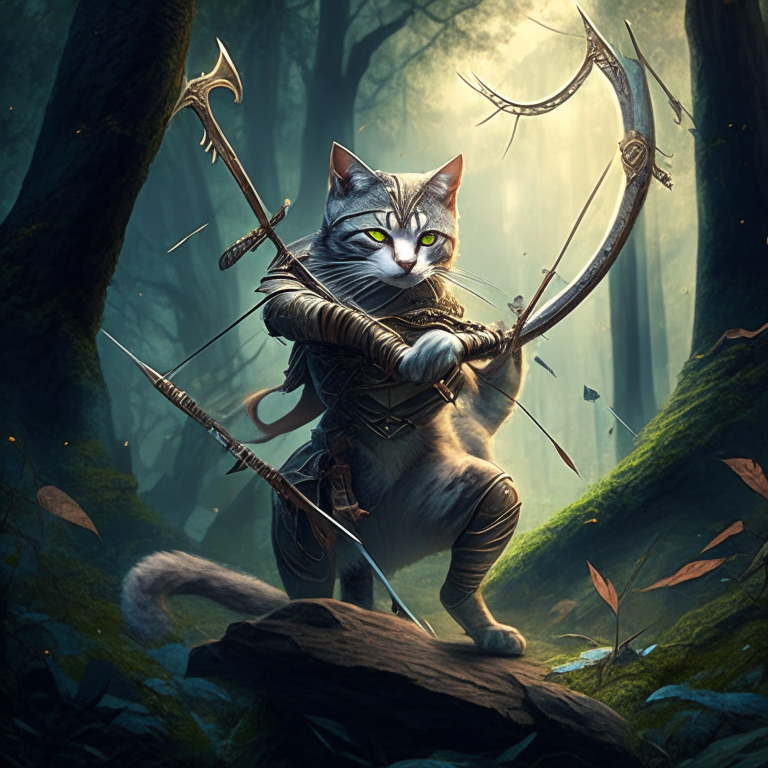 A cat warrior with a bow and arrow in a mystical world with a forest in the background