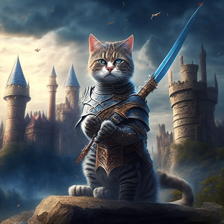 A cat warrior with a sword in a mystical world with a castle in the background