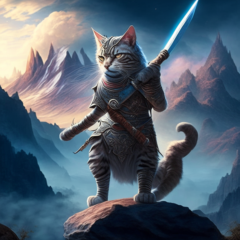 A cat warrior with a staff in a mystical world with a mountain range in the background