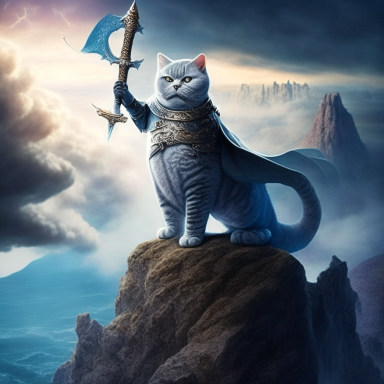 A British shorthair warrior standing on a cliff overlooking a mystical world A British shorthair warrior wielding a sword in a mystical world A British shorthair warrior riding a dragon in a mystical world