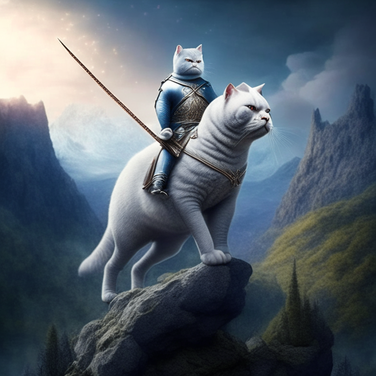 A British shorthair warrior riding a unicorn in a mystical world A British shorthair warrior with a bow and arrow in a mystical forest A British shorthair warrior standing on a mountain peak in a mystical world