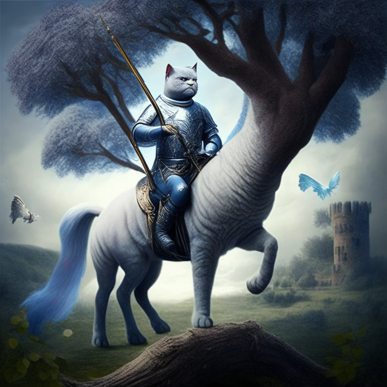 A British shorthair warrior with a staff in a mystical world A British shorthair warrior riding a Pegasus in a mystical world A British shorthair warrior standing in front of a mystical tree