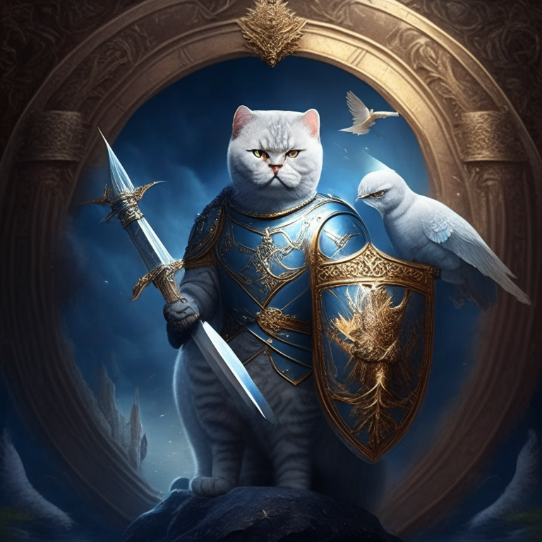 A British shorthair warrior with a sword and shield in a mystical world A British shorthair warrior riding a griffin in a mystical world A British shorthair warrior standing in front of a mystical portal