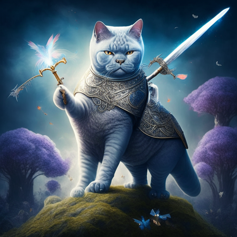 A British shorthair warrior riding a dragon with fairies flying around them in a mystical world. A British shorthair warrior with a sword and shield standing in front of a dragon in a mystical world with fairies in the background. A British shorthair warrior with a staff standing in front of a mystical tree with fairies and a dragon in the background