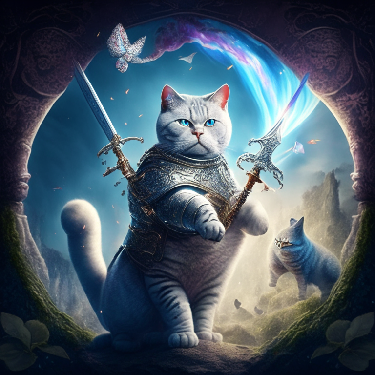 A British shorthair warrior with a bow and arrow riding a dragon in a mystical world with fairies in the background. A British shorthair warrior with a sword and shield standing in front of a mystical portal with fairies and a dragon in the background. A British shorthair warrior with a staff standing in front of a mystical tree with fairies and a dragon in the background