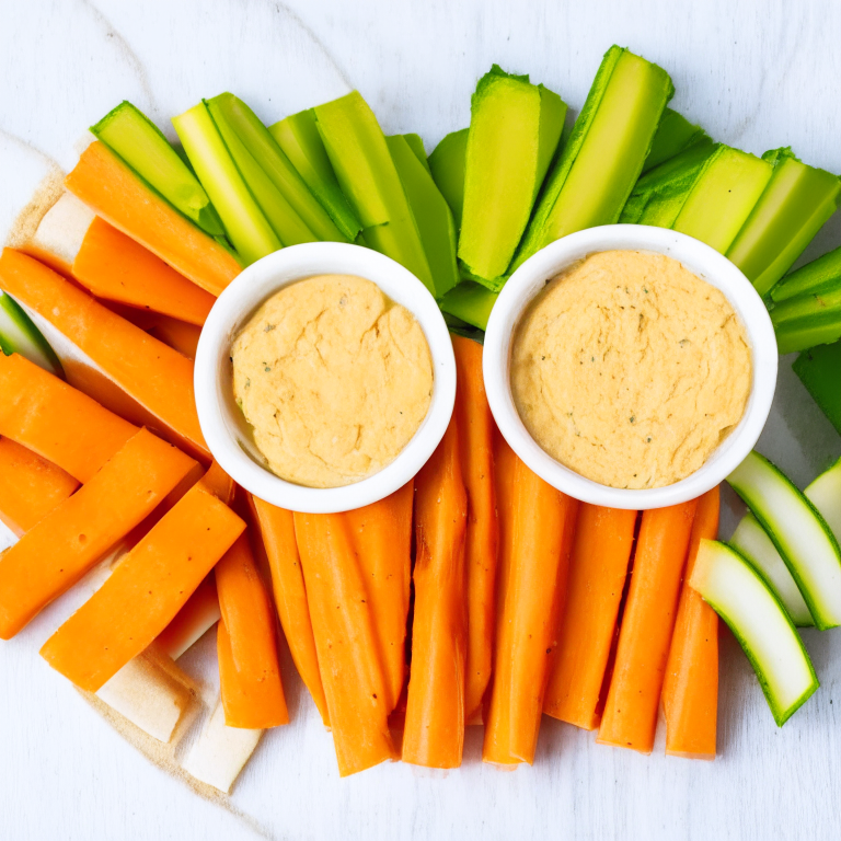 Alkaline Hummus with Carrot Sticks and Cucumber Slices