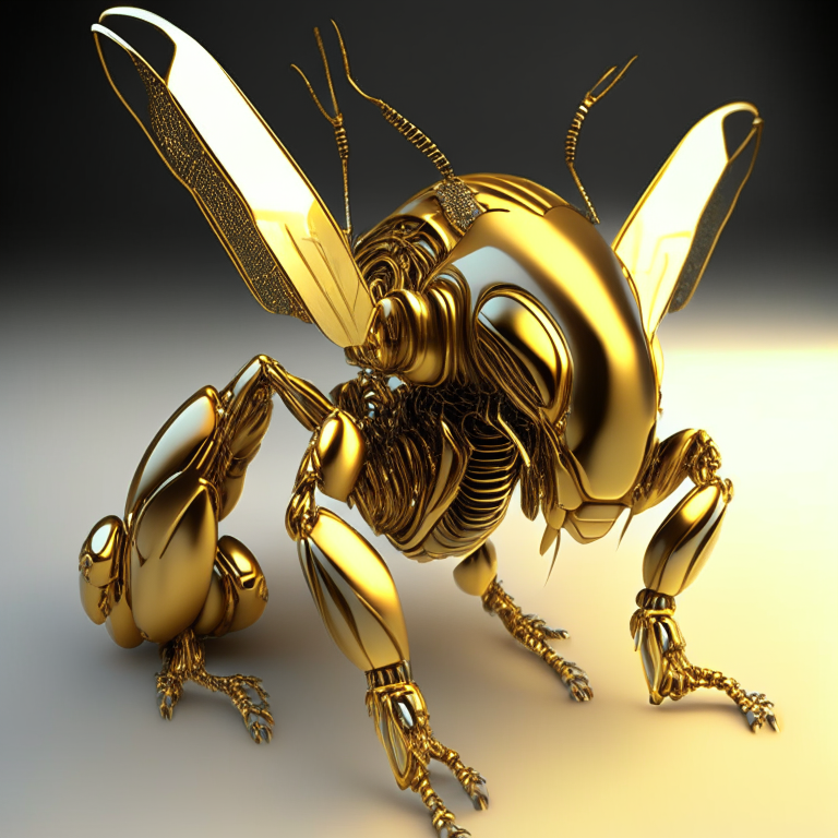 A 3D render of futurist golden metallic cyborg wasp