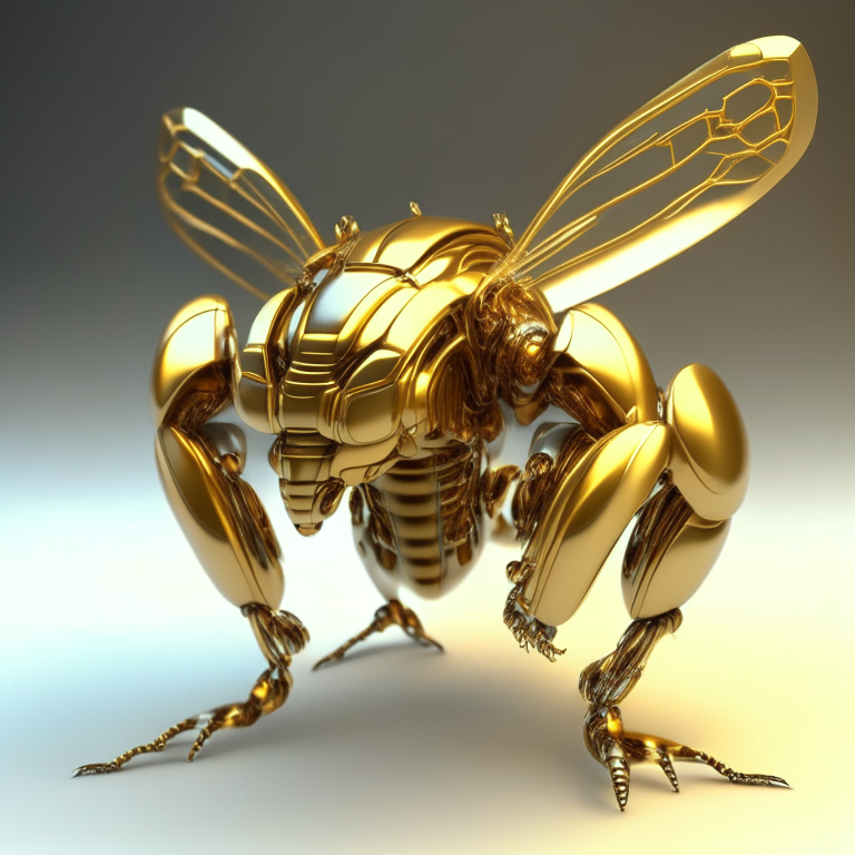 A 3D render of futurist golden metallic cyborg wasp