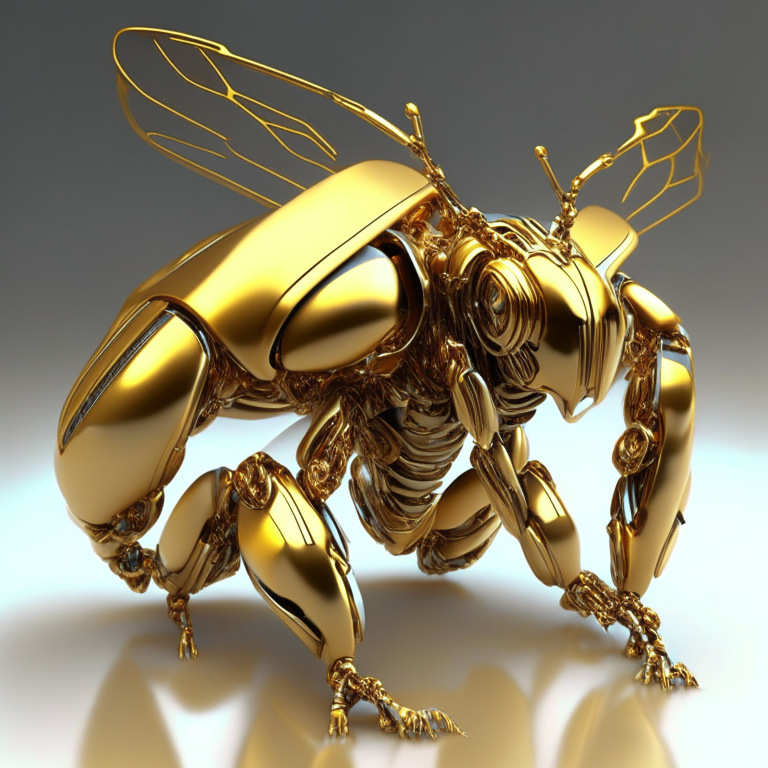 A 3D render of futurist golden metallic cyborg wasp