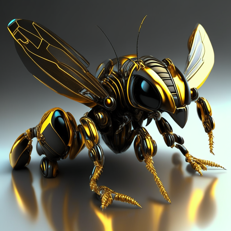 A 3D render of futurist golden and black metallic cyborg wasp 