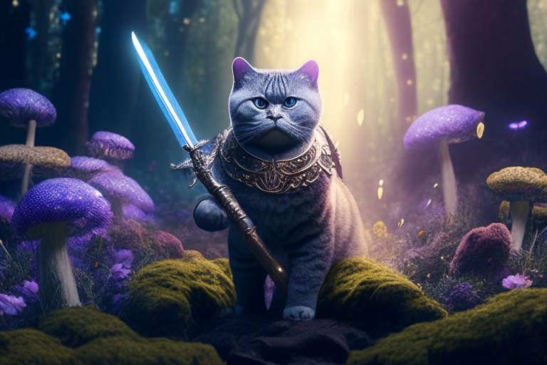 A beautiful British Shorthair warrior standing in a mystical forest, surrounded by glowing mushrooms and flowers, with a sword in its paw, octane render