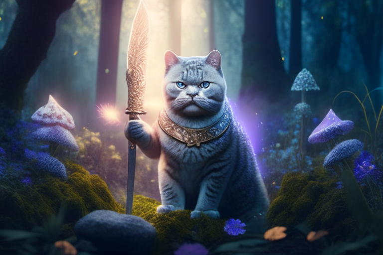 A beautiful British Shorthair warrior standing in a mystical forest, surrounded by glowing mushrooms and flowers, with a sword in its paw, octane render