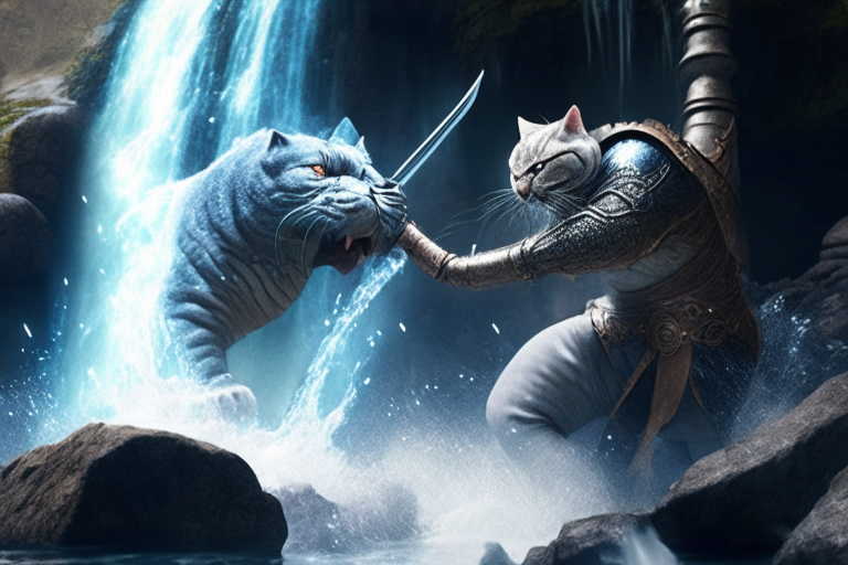 A British Shorthair warrior fighting a dragon in a mystical world, with a waterfall in the background, octane render