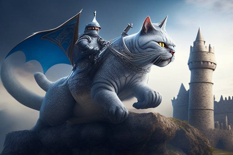 A British Shorthair warrior riding a dragon in a mystical world, with a castle in the background, octane render