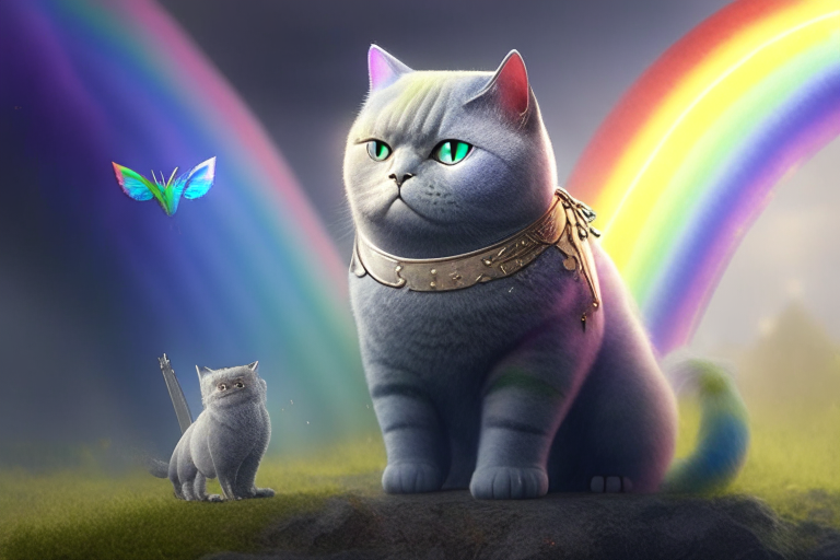 A British Shorthair warrior with a fairy friend in a mystical world, with a rainbow in the background, octane render