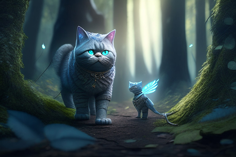 A British Shorthair warrior exploring a mystical forest with a fairy friend, octane render