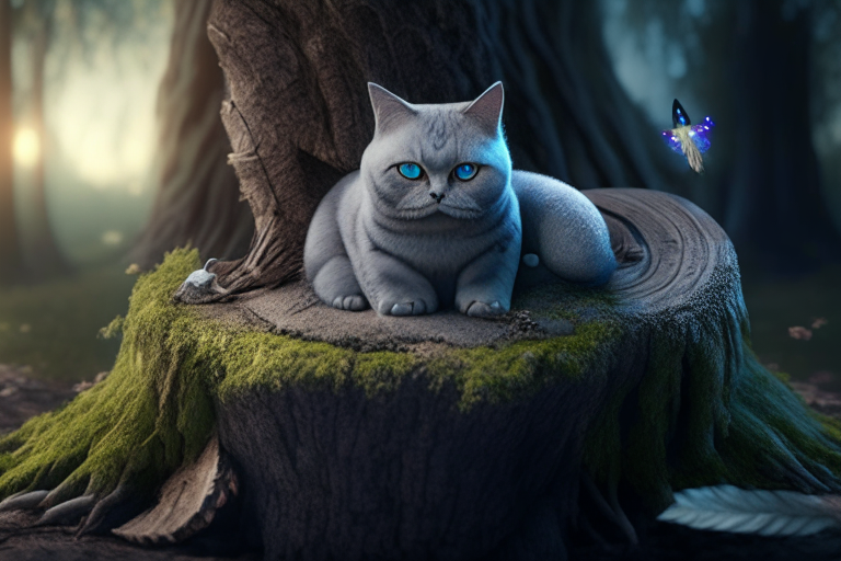 A British Shorthair warrior resting on a tree stump in a mystical world, with a fairy friend, octane render