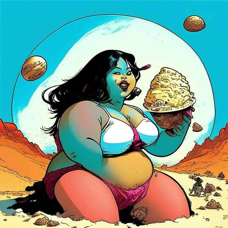 Generate an Todd McFarlane's artwork for a chubby voluptuous Malay girl, eating ice-cream on an alien planet. 
