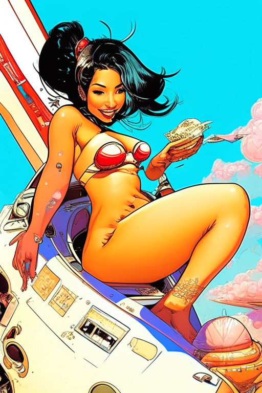 Generate a one of a kind Todd McFarlane's artwork for a voluptuous Malay girl, in skimpy bikini eating ice-cream in her spaceship cockpit. 