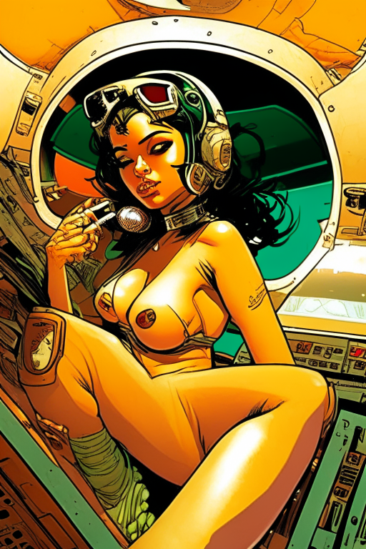Generate a one of a kind Andy Kubert's artwork for a voluptuous Malay girl, in skimpy bikini smoking ganja in her spaceship cockpit. 