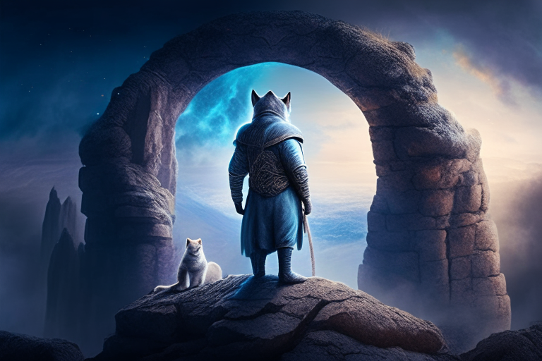 A British shorthair warrior standing on a cliff overlooking a mystical world A mystical world with a British shorthair warrior standing in the foreground A British shorthair warrior standing in front of a mystical portal