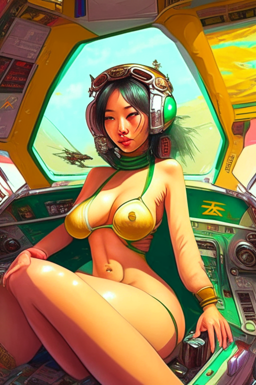 Generate a one of a kind Chinese artwork for a voluptuous Malay Muslim girl, in skimpy bikini smoking ganja in her spaceship cockpit. 