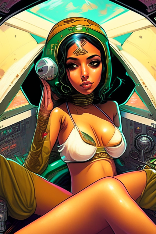 Generate a one of a kind Steve Hughes's artwork for a voluptuous Malay-Muslim girl, in skimpy bikini smoking ganja in her spaceship cockpit. 