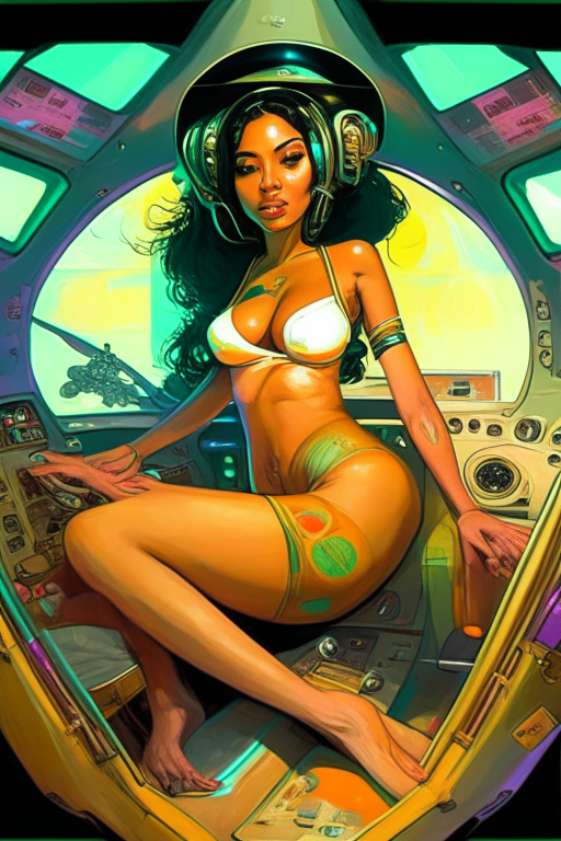 Generate a one of a kind Steve Hughes's artwork for a voluptuous Malay girl, in skimpy bikini smoking ganja while in doggy-style position in her spaceship cockpit. 