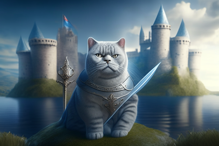 a British Shorthair warrior with a sword and shield in a mystical world with floating islands and a castle in the background, realism, octane render, 8k