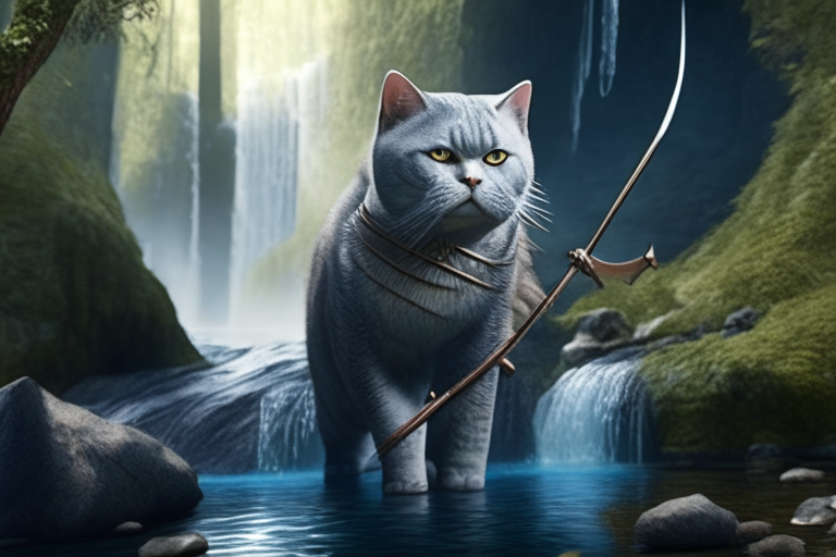 a British Shorthair warrior with a bow and arrow in a mystical forest with a river and a waterfall, realism, octane render, 8k