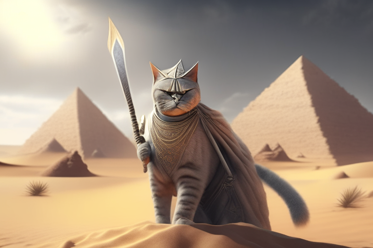 a British Shorthair warrior with a spear and shield in a mystical desert with a sandstorm and a pyramid in the background, realism, octane render, 8k