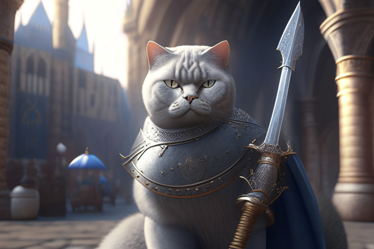 a British Shorthair warrior with a sword and shield in a mystical city with a palace and a marketplace, realism, octane render, 8k