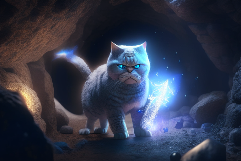 a British Shorthair warrior with a mace and shield in a mystical cave with glowing crystals and a dragon, realism, octane render, 8k