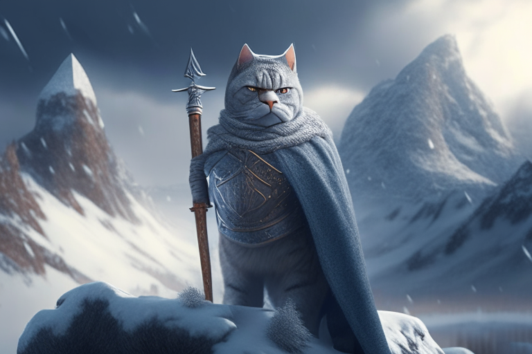 a British Shorthair warrior with a halberd and shield in a mystical mountain with a snowy peak and a fortress, realism, octane render, 8k