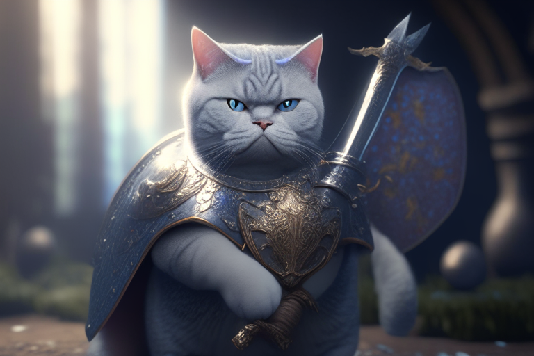 a British Shorthair warrior with a sword and shield in a mystical world with dragons and fairies, realism, octane render, 8k