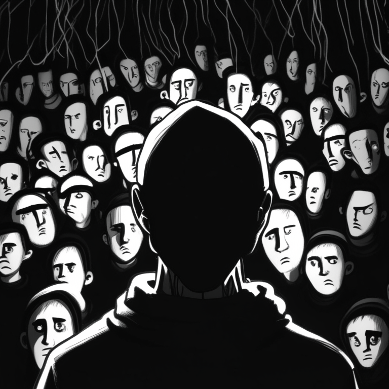 A cartoony Eminem is in a dark room facing forward. He is surrounded by a lot of generic looking people. There are strings coming down from the ceiling, connected to the people and Eminem too, like puppet strings. Everything is in black and white. 