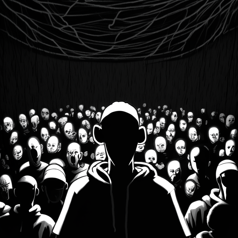 A cartoony Eminem is in a dark room facing forward so that you can see his face. He is surrounded by a lot of generic looking people. There are strings coming down from the ceiling, connected to the people and Eminem too, like puppet strings. Everything is in black and white. 