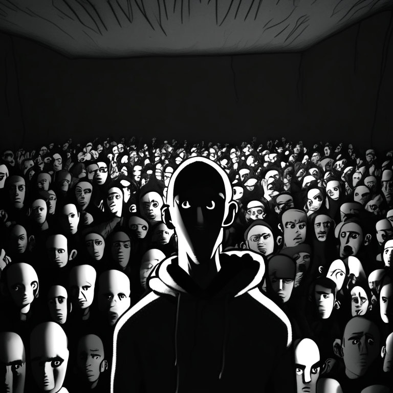 A cartoony Eminem is in a dark room facing forward so that you can see his face. He is surrounded by a lot of generic looking people. You can see everyone fullsize, body and everything. There are strings coming down from the ceiling, connected to the people and Eminem too, like puppet strings. Everything is in black and white. 