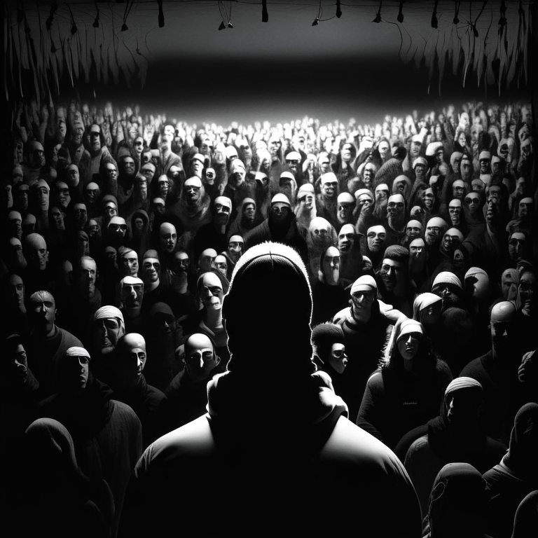 Dark room. Eminem surrounded by a lot of generic looking people. Everyone is facing forward and you can see them full size. Eminem is in the middle. Strings are coming down from the ceiling and are connected to everyone like puppet strings, Eminem included. It is in black and white. 