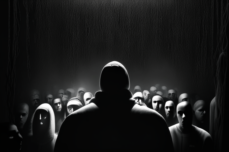 Dark room. Eminem surrounded by a lot of generic looking people. Everyone is facing forward and you can see them full size. Eminem is in the middle. Strings are coming down from the ceiling and are connected to everyone like puppet strings, Eminem included. It is in black and white. 